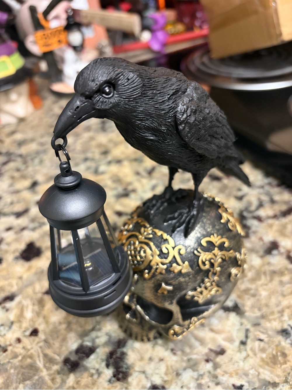 Black Raven on Gold Skull Lantern Decorative Accent